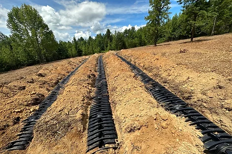 Parallel rows of plastic chambers laid across an open graded lot Parallel rows of plastic chambers laid across an open graded lot
